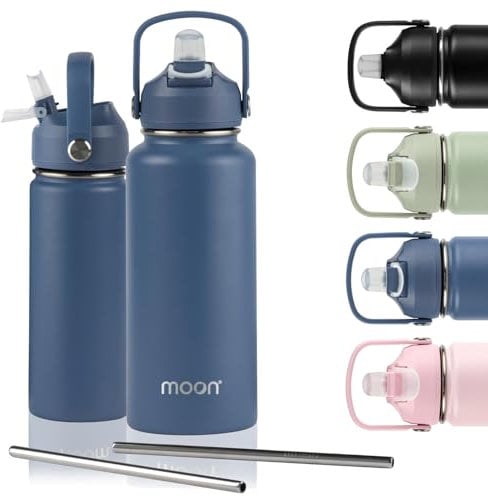 moon bottles - Insulated Water Bottle with Straw - Stainless Steel Sports Drink Bottle, Thermal Flask, 24hr Cold, 12hr Hot, Double Walled, Metal Straw, Silicon Spout, UK Company (1L, Blue)
