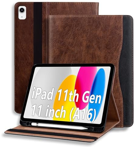 Custodia Cover Compatibile con iPad 11a Generazione (A16) 11 (2025) / iPad 10a Gen 10.9 (2022), Custodia in Pelle con Portapenna, Tasca e Angoli di Visione Regolabili,Auto Svegliati/Sonno Marrone