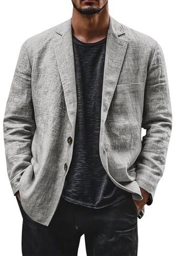 Linen Blazer Men Leisure Suit Jacket Two Button Lightweight Sports Coats Loose Fit Business Office Blazer Solid Color Versatile Suit Jacket Notch Lapels Suits Jackets With Pocket