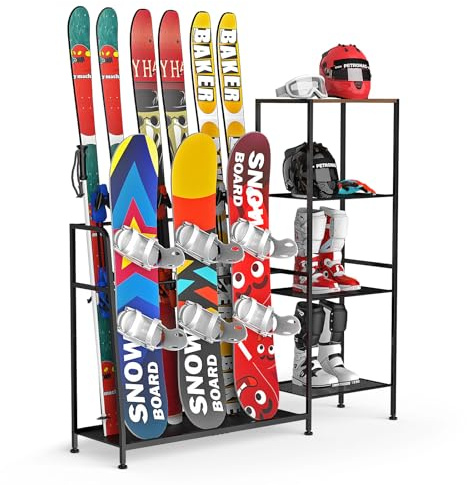 Siminute Freestanding Snowboard Rack, 4 Pair Ski, 3 Pack Snowboard, Boot, Pole, Goggles, Snowboard Gear, Ski Rack for Garage