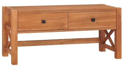 HETFTJN TV-Schrank 100x40x45 cm Massiv Teakholz mit 2 Schubladen und X-Form Holzrahmen Robustes Lowboard Fernsehtisch für Wohnzimmer & Esszimmer