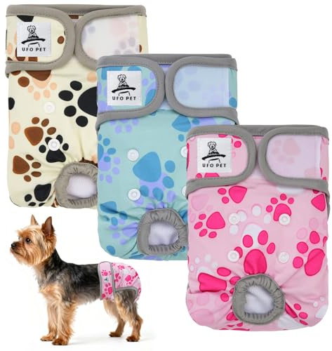UFO PET Wiederverwendbare Hunde Windeln Weiblich, Läufigkeitshose für Hündinnen XS (3 Stück), Hochsaugfähige Hundewindeln für Hündinnen mit Starkem und Flexiblem Verschluss - Bunte Krallen