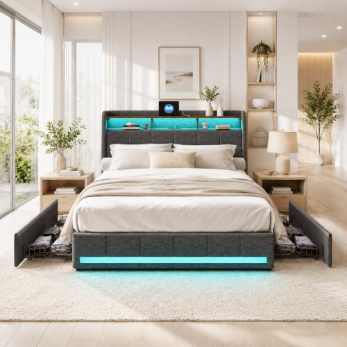 KeepGoon Polsterbett mit USB Ladestation und LED-beleuchtetem Kopfteil, 180×200cm Doppelbett Stauraumbetten Funktionsbett Bettgestell, Bettrahmen mit 4 Schubladen