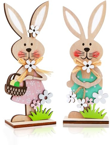 2 Stück Osterhase aus Holz, Ostern Hase Aufsteller,Osterhasen Deko zum Hinstellen, Osterhasen Holz Figuren,Aufsteller Ostern Hase mit Blumen Deko,Osterhaseparty Dekoration Indoor Home Garten Decor