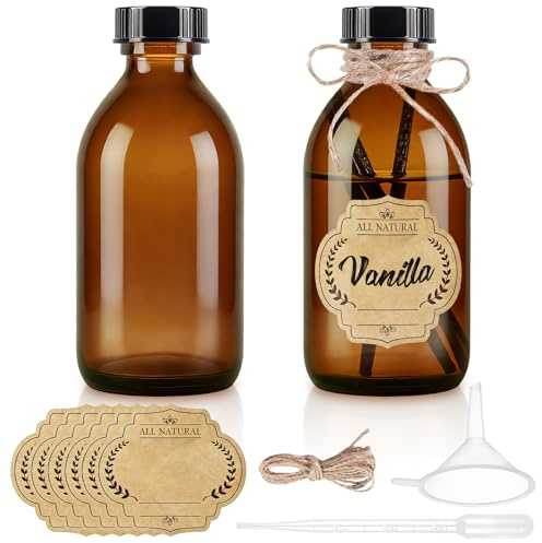 MirraSwit 2 Stück 250ml Braune Glasflaschen mit Schraubverschluss | Braune apothekerflasche,UV-Schutz, mit Tropfen, Etiketten, Trichter für Hausgemachten Vanillenextrakt, ätherische Öle