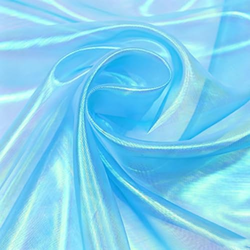LUPATDY Tessuto Organza 5m x 1,5m, Stoffa con Effetto Olografico, Venduto al Metro, in Tulle, Tessuto per Cucito per Costumi di Scena, Matrimoni, Feste, Accessori e Progetti DIY (Azzurro)