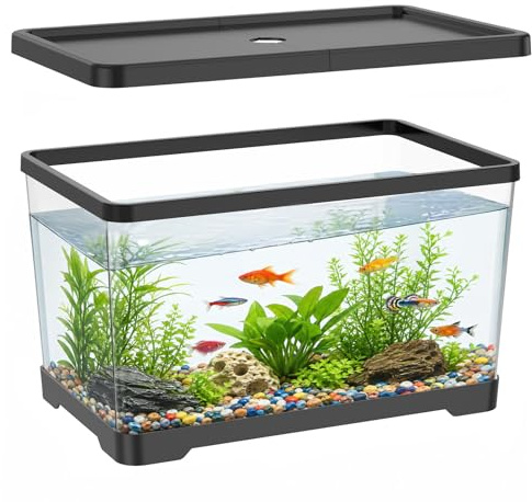 Aquarium mit Deckel, 30 x 19,5 x 17,5 cm, Kunststoff, Schwarz | Transparent Aquarium Mini für Kampffische, Kleine Fische, Jungschildkröte, Geeignet für Zuhause, Büro, Dekoration