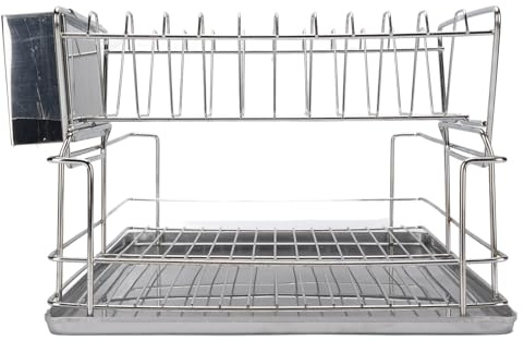 Eujgoov Escurridor de Platos de Acero Inoxidable de 2 Niveles para Encimera de Cocina con Soporte para Cubiertos, Bandeja Escurridora, Estación de Trabajo para Fregadero Que Ahorra Espacio