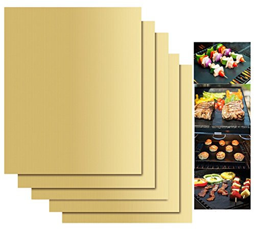 KINGCOO 5 Stücke BBQ Grillmatte Kochen Matte, Wiederverwendbare Antihaft Backmatte Ofen Liner für Kohle,Gas Grillen Herd Kochen und Backen 40x33 cm (Gold)