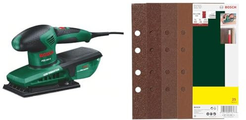 Ponceuse vibrante Bosch - PSS 200 A (livrée dans un coffret avec 1 feuille abrasive Red Wood P120 et un microfiltre) + Lot de 25 disques abrasifs (G 60, G 80, G 120, G 240)