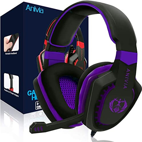 Anivia AH28 Gaming Headset Noise Isolating Over Ear Headphones with Mic, Volume Control, Bass Surround, Soft Memory Earmuffs for Xbox One PS4 PC Laptop Mac Phones Nintendo Switch Games-Black Purple