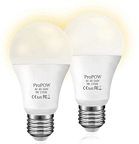 Dusk to Dawn Light Bulb,ProPOW 9W (60 Watt Equivalent) A19 LED Light Sensor Bulbs, Smart Automatic on/Off,Indoor/Outdoor Lighting Bulb for Porch Garage Hallway Patio (Soft White, E27, 2 Pack)