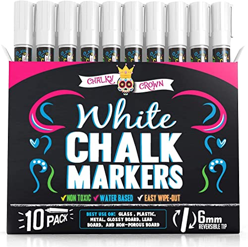 Chalky Crown Liquid Chalk Marker Pen - White Dry Erase Marker - Chalk Markers for Chalkboard Signs, Windows, Blackboard, Glass - 6mm Reversible Tip (10 Pack) - 24 Chalkboard Labels Included