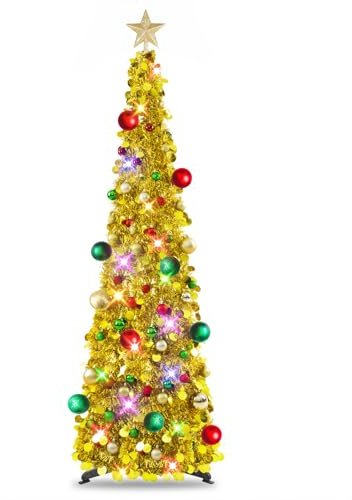 MACTING - Albero di Natale pieghevole, 1,5 m, con supporto per decorazioni natalizie, decorazione casa, ufficio (oro misto)