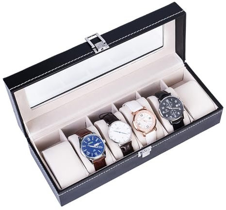 POFET 6 Uhren Display Organizer Uhrenschatulle Herren Schmuck Display Fall Leder Uhr Aufbewahrungsbox Schwarz