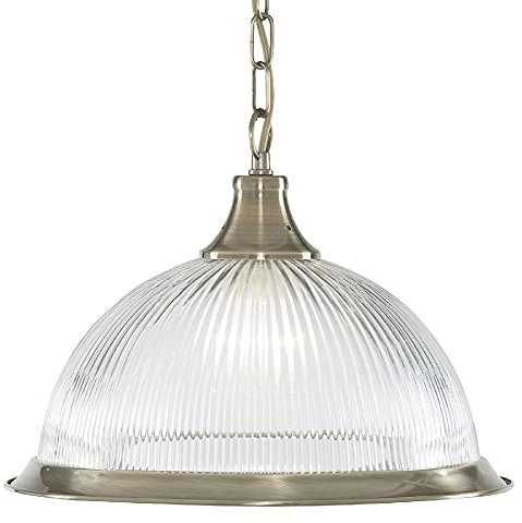 Antique Brass & Clear Ribbed Glass Dome Vintage Pendant Ceiling Light | 34cm Diameter | 1 x E27 ES Lamp Bulb Required (Not Included) | American Diner Retro Design