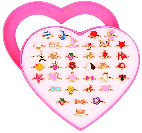 XiXiRan Ring für Mädchen und Kinder, 36 Stück, verstellbar, Ring für Kinder, Mädchen, Prinzessinnen-Farbe, Ringe mit rosa Herzbox, für Kinder, Geburtstagsfeiern (zufälliger Stil), Metall, Legierung