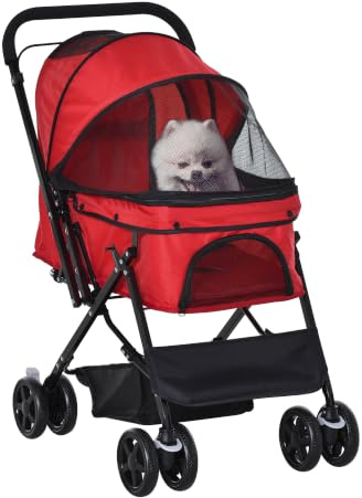 PawHut Dog Stroller with Reversible Handle for Small Dogs Red | Pet Stroller, Dog Cat Travel Pushchair, EVA Wheels, Brake, Basket, Adjustable Canopy, Safety Leash