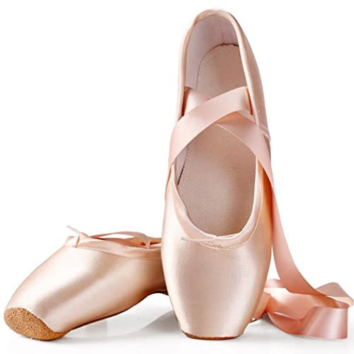 ZESLIV Zapatillas de Ballet de Punta Pointe Zapatos Satén con Suela de Cuero y Cintas para Niñas Rosa