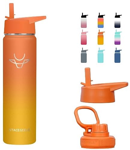STACEGEELE Edelstahl Trinkflasche 700ml Thermosflasche mit Strohhalm Deckel und Schraubverschluss Isolierte Wasserflasche für Sport Auslaufsichere Isolierflasche doppelwandig Kohlensäure geeignet 24oz