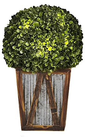 Teamson Home Indoor Outdoor Garden Solar Light Decor, Pre Lit Automatic Artificial Faux Round Topiary Shrub Bush with Farmhouse Wooden Plant Pot
