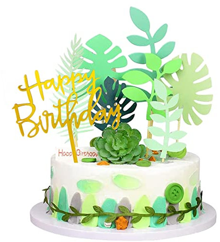 Bymivofun 15 Pcs Feuilles De Palmier Tropical Gâteau Topper, Joyeux Anniversaire Gâteau Topper, Feuille De Palmier Décorations De Gâteau Jungle, pour Enfants Anniversaire Fête Fournitures