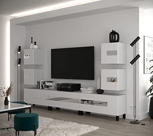 Furnitech Wohnwand Wohnzimmer | Wohnzimmer Möbel mit LED Weiß | Hängend Wohnwand Modern | Wohnzimmer Schrankwand mit Regale und TV Schrank (Future C98-22W-LB-M4-1A)