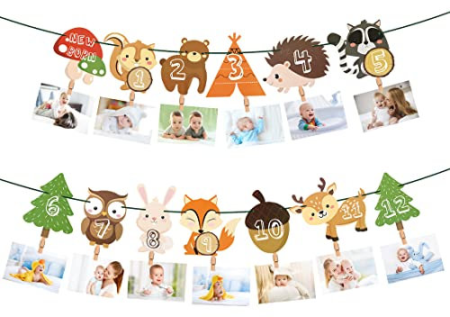 Foto Girlande 1 Geburtstag, Baby Geburtstag Fotogirlande Tier, Ersten Geburtstag Girlande Foto Banner, Baby Foto Banner Deko, Foto Hängende Wanddekoration für Junge Mädchen Party Taufe