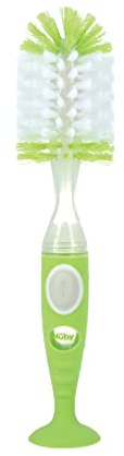 Nuby Easy Clean Dispensing Soft and Durable Bristle Bottle Brush with Textured Handles and Suction Base, 2 in 1 System, Green
