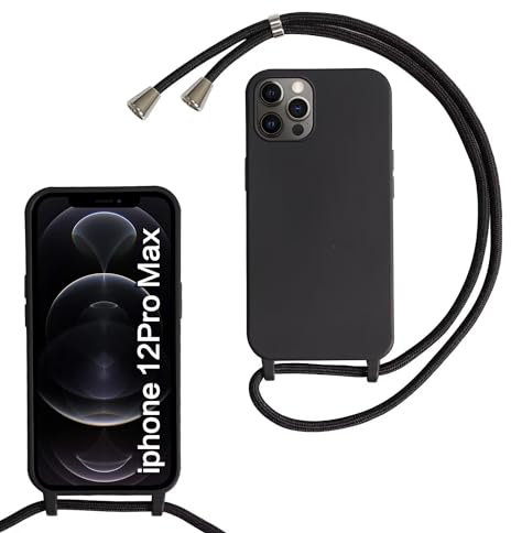MBSLFY Lanyard Case for iPhone 12 Pro Max, Liquid Silicone Protective Phone Case with Strap Adjustable Neck Cord Necklace Soft Cover for iPhone 12 Pro Max, Black