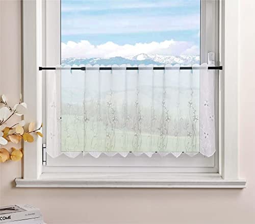 Delien Voile Bistrogardinen für Küche Transparente Scheibengardine Landhaus Kurz Gardine Modern »Blumenzweig« Stores Schals Bestickt Vorhang mit Tunnelzug BxH 90x45cm,Weiß