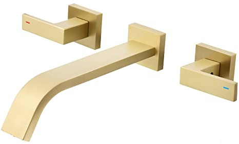 CHALIRS Messing Wandhalterung Badezimmer-Wasserhahn, gebürstetes Gold, Wandmontage, Gefäß-Spülbeckenarmatur mit Doppelhebelgriffen, breiter 3-Loch-Wandarmatur für Waschtisch, Waschbecken, raues Ventil