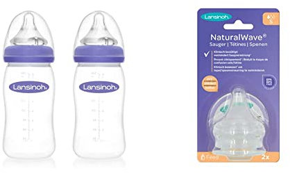 Lansinoh Babyflasche mit NaturalWave Sauger Gr. M, 2 x 240 ml, Doppelpack & NaturalWave Sauger, Gr. S - langsamer Milchfluss, 2 Stück (1er Pack)