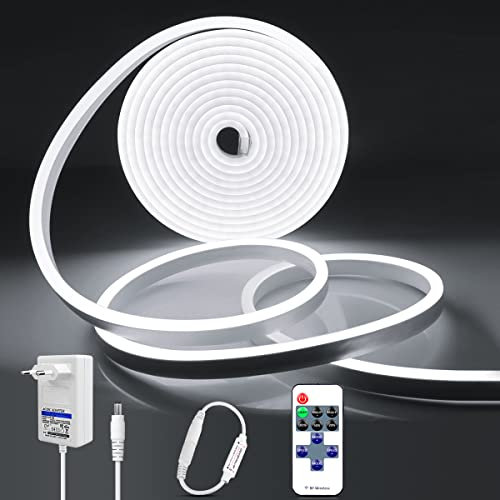 AIMENGTE LED Strip Warmweiss, 600 LED Warmweiss 5M 12V 6000K Dimmbar Wasserdicht, Neon LED Streifen CRI>90 Sehr Hell, DIY Flexibel Ledband mit Netzteil und Controller, für Schlafzimmer, Wohnzimmer