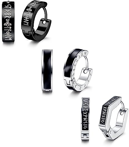 Adramata 3 Paare Wikinger Ohrringe für Männer Frauen, Edelstah Creolen Herren Ohrringe, Nordischer Wikinger Rune Creolen Ohrstecker, Creolen Silber Schwarz Set, Innendurchmesser 9mm,C