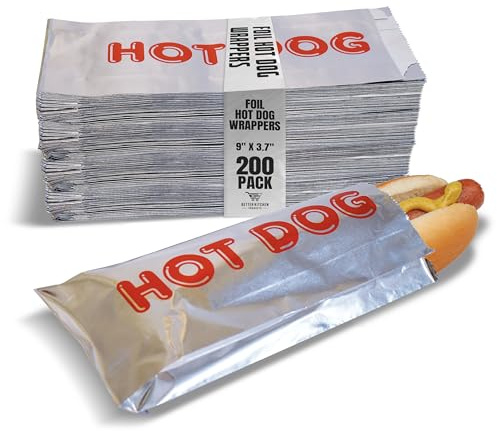 Better Kitchen Products Folien-Hot-Dog-Hüllen, 22,9 x 9,4 cm, isoliert, fettabweisend, Einweg-Folienpapier, Hot-Dog-Taschen, 200 Stück