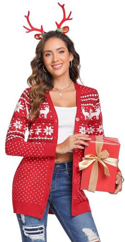 iClosam Weihnachts Strickjacke Damen V Ausschnitt mit Knöpfen Langarm | Weiches Strickgefühl, Angenehme Wärme, Lange Ärmel, für Herbst Und Winter, Bequemer Alltag, Festlicher Winterlook