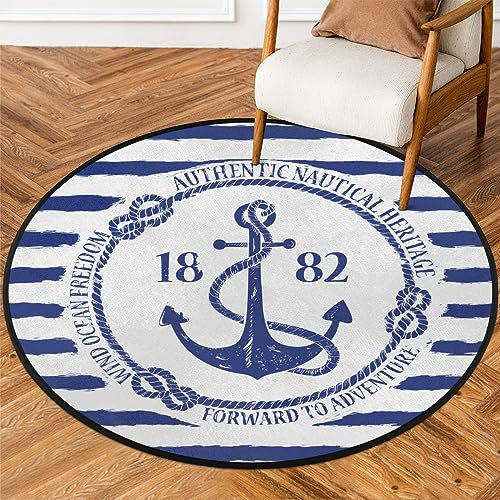 TropicalLife Blauer Anker runder Teppich für Zimmer Zuhause 92 cm nautischer Anker Kreis Bereich Teppiche Indoor rutschfeste Boden Indoor Matte Teppich