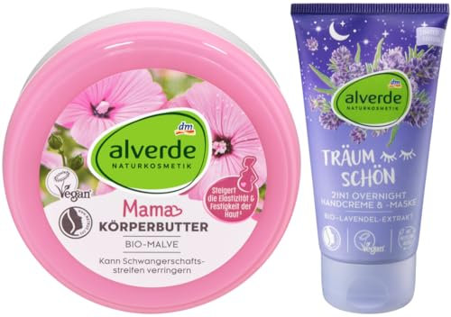 Alverde NATURKOSMETIK 2er-Set Körperpflege: MAMA KÖRPERBUTTER Bio-Malve Hautpflege während & nach der Schwangerschaft (200 ml) + TRÄUM SCHÖN 2in1 OVERNIGHT HANDCREME & Handmaske (75 ml), 275 ml