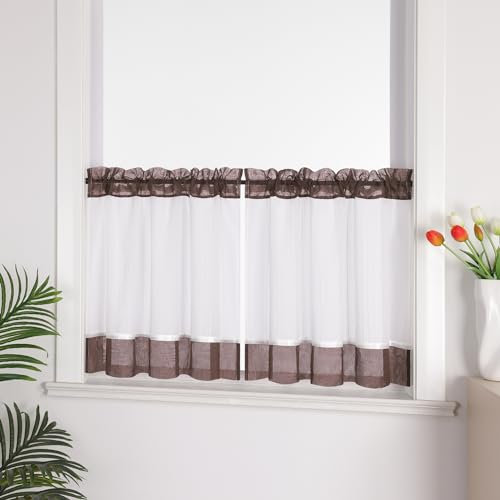 Joyswahl Leinenoptik Scheibengardine im Landhausstil »Jasmin« Cáfe Gardinen Transparent Kurz Küchengardinen Bistrogardinen Wohnzimmer Braun HxB 60x145cm 1 Stück