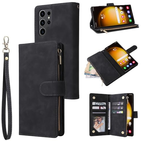 QLTYPRI Hülle für Samsung Galaxy S24 Ultra, Premium Leder Handyhülle mit Große Kapazität 6 Kartenfach & 1 Reißverschluss Tasche Ständer Schutzhülle für Samsung Galaxy S24 Ultra - Schwarz