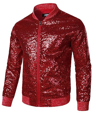 JOGAL Herren Metallic Pailletten Jacke 70er Baseball Bomberjacke Disco Nachtklub Party Kostüm Rot Groß