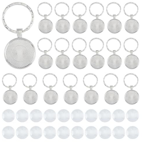DICOSMETIC 20 Stück Cabochon Schlüsselanhänger Set Platin Runder Anhänger Blanko Legierungstablett Charms Rohlinge Tabletts Für Foto Mit 20 Stück Cabochon Für Die DIY Schmuckherstellung