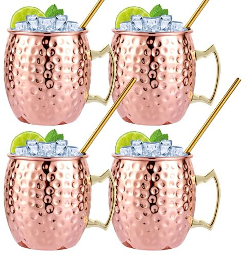 JMIATRY Lot de 4 Verre Moscow Mule Cuivre 530 ML Moscow Mule Tasse Cuivre, Moscow Mule avec 4 pailles pour la Maison, Bar