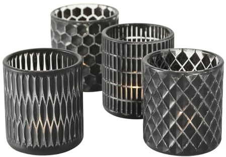 ReWu Windlicht Dustin 4er-Set Schwarz Teelicht Teelichthalter Glas Rund Muster Tischdekoration Wohndekoration Dekoration Kerzenhalter Innen & Außen 8 x 9 cm