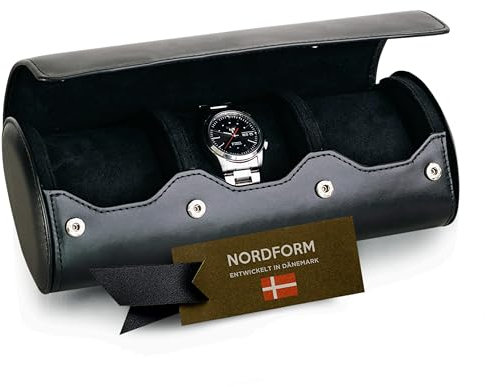 Nordform Trinity Uhrenrolle - Leder Uhrenetui für 3 Uhren - Premium Uhrenaufbewahrungsrolle für Männer - Reise-Uhrenbox mit gepolstertem Schutz - Uhren-Organizer für Schmuck und Smartwatches - Schwarz