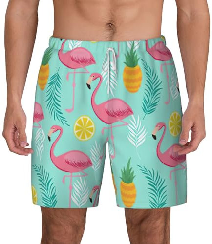 EdWal Short de plage double couche imprimé flamant rose, short de bain pour homme à séchage rapide, blanc, S