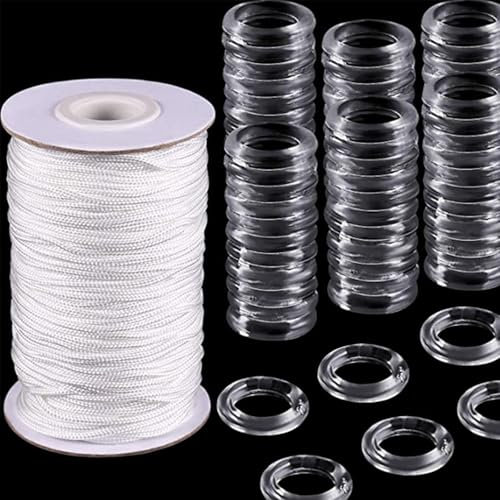 TopHomer Raffrollo-Ringe und 50 m x 1,8 mm Rollokordel, transparent, 100 Stück