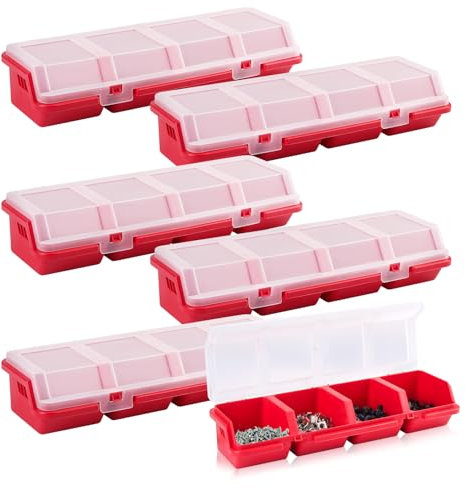 Duogalia 6 Pack Screw Organizer Box with Lids, 4 Compartments Tool Bin Stackable Sorting Screw Toolbox for Garage Nails Hardware Workbench Organizing Storage, Red