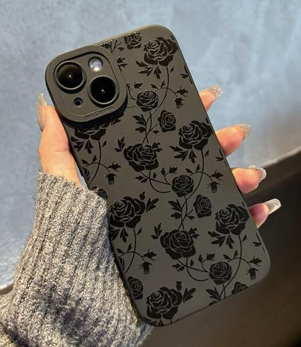 Jusnfu for iPhone X, Xs 5.8 Inch, Aesthetic Rose Floral Print Phone Case for Women Girls Men, Silicone Slim Protective Phone Cover for iPhone X, Xs, Black Flower